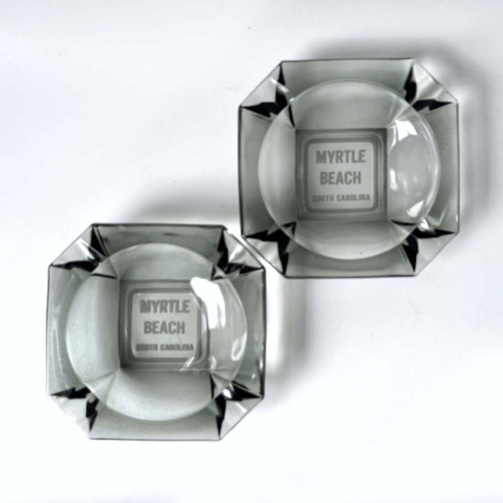 Pair of Mid Century Smoke Grey Glass Ashtrays Myrtle Beach Souvenir